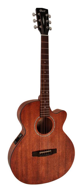 Cutaway acoustic guitar with a natural wood finish, six strings, and electronic controls on the side.