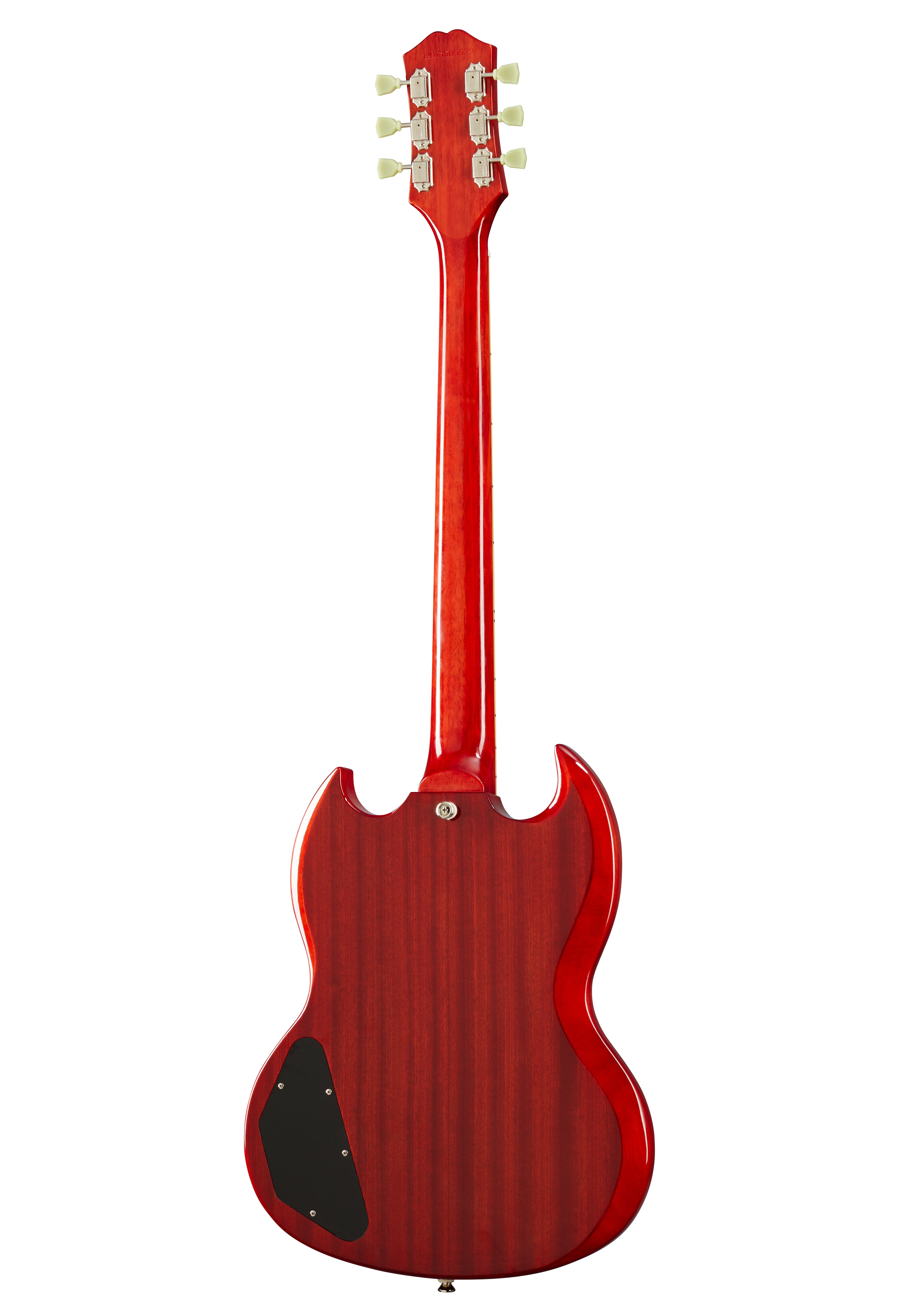 Red electric guitar viewed from the back, with a double-cutaway body shape, six tuning pegs, and a black electronics cover on the lower left.