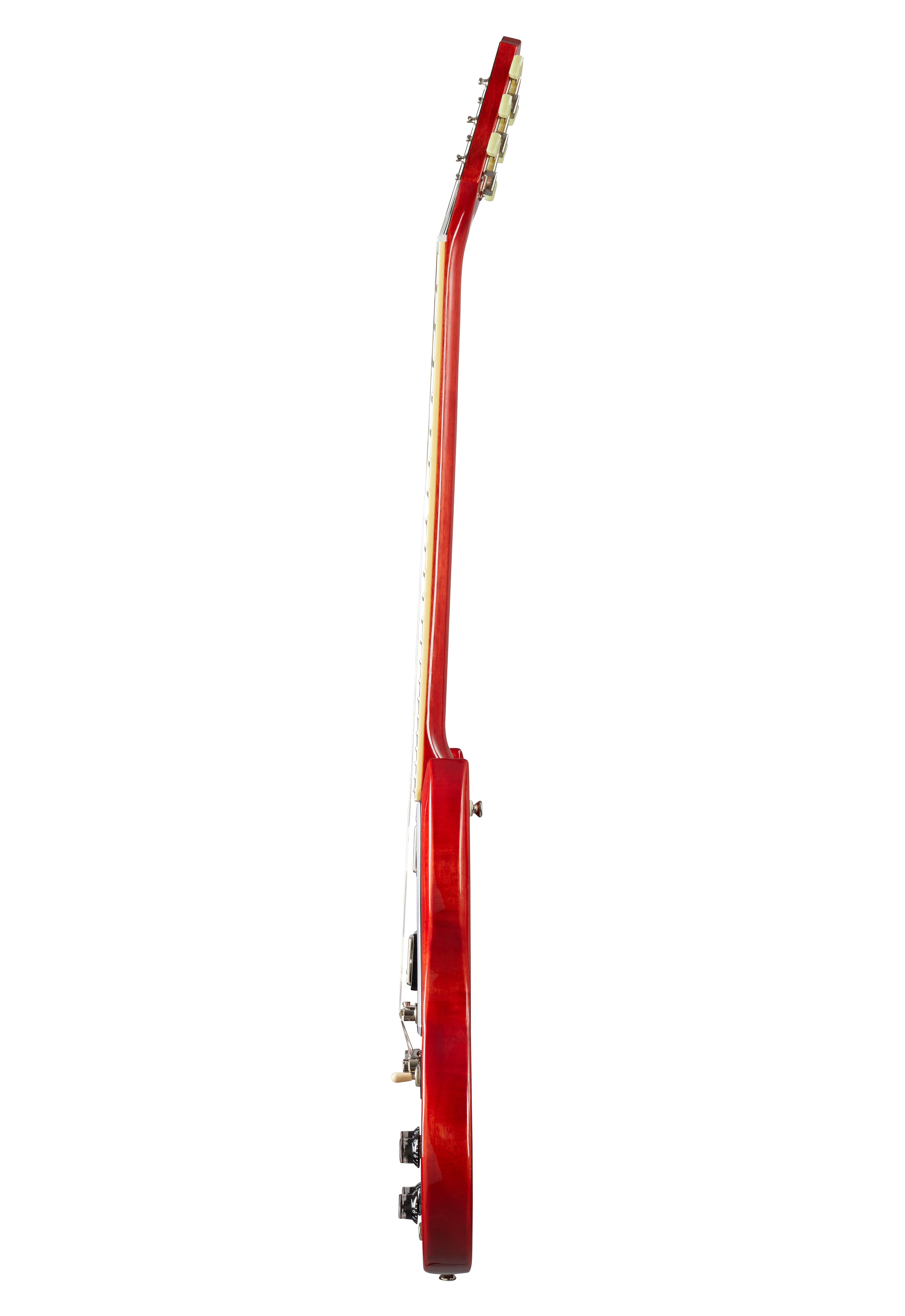 Side view of a red electric guitar showing the full length of the neck and body, with control knobs and tuning pegs visible.