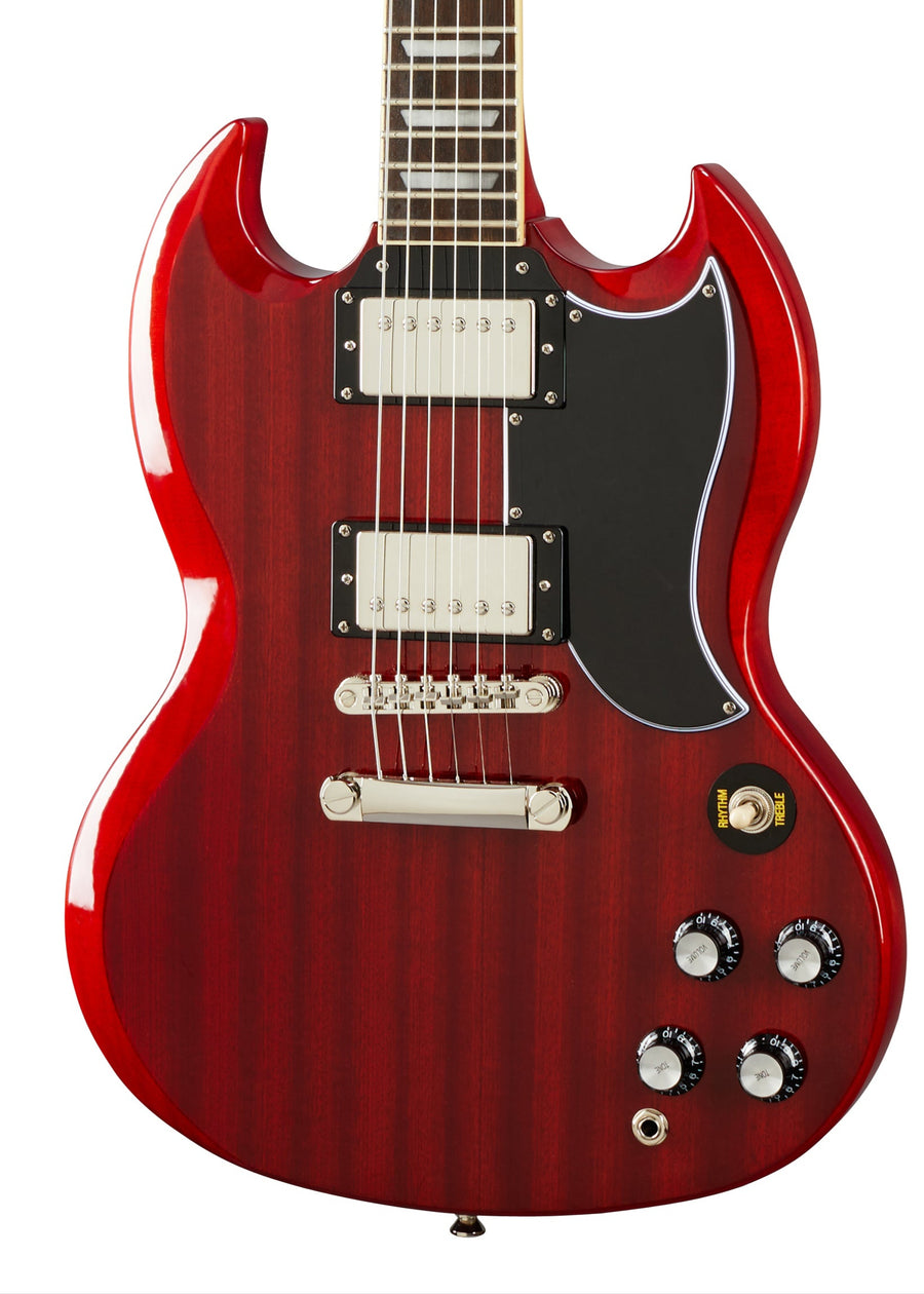 Cherry red electric guitar with two silver humbucker pickups, black pickguard, four black control knobs, and a selector switch.