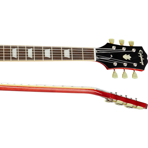 Epiphone electric guitar neck and headstock shown, six tuning pegs, pearl inlays on a dark fretboard, glossy red wood sides and back.