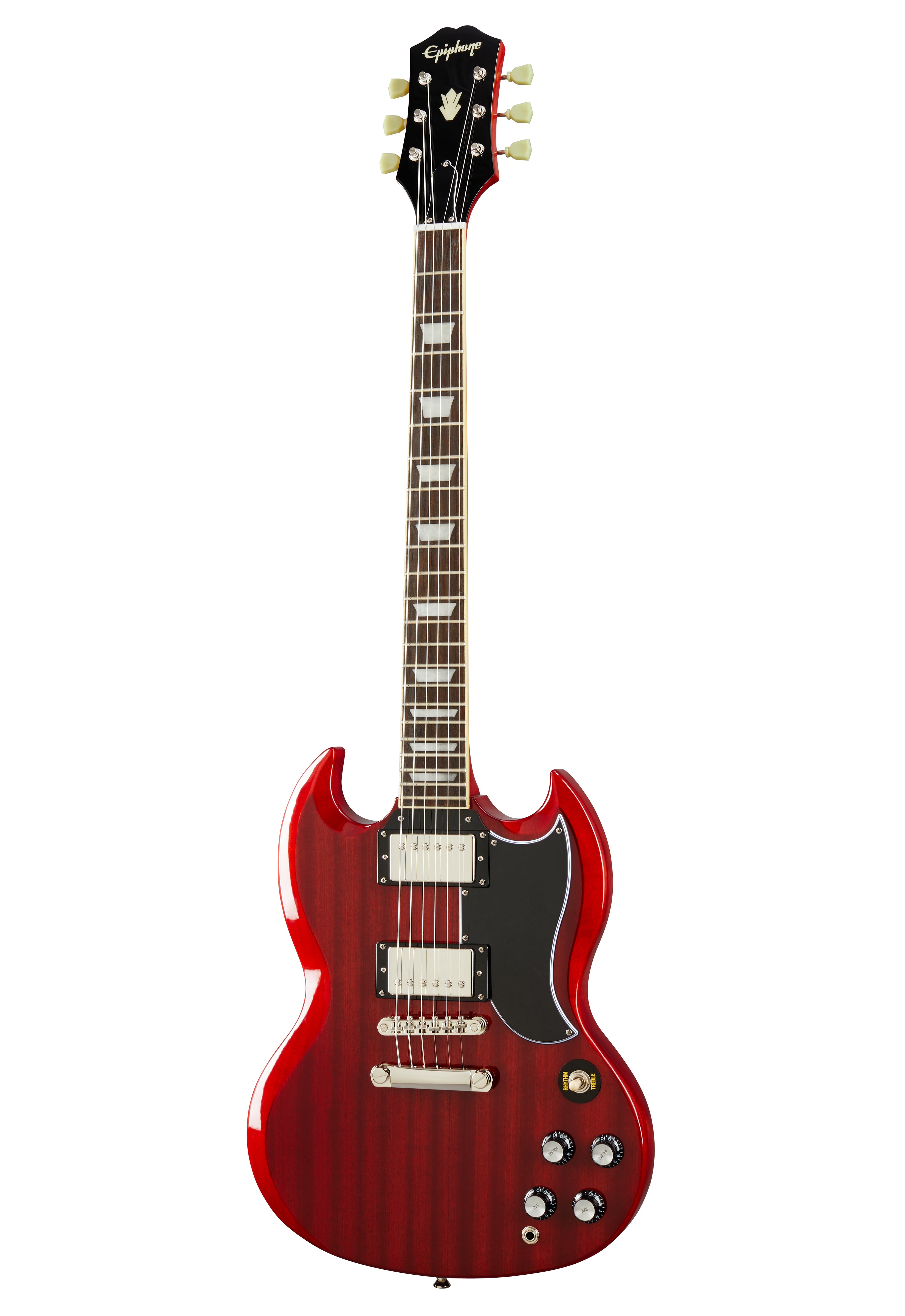 Red Epiphone electric guitar with double cutaway body, two humbucker pickups, black pickguard, four control knobs, and trapezoid inlays on the fretboard.