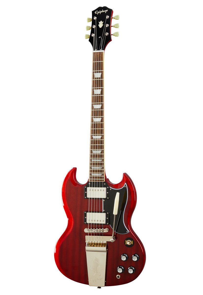Cherry red double-cutaway electric guitar with two pickups, a black pickguard, four control knobs, and a vibrato tailpiece.