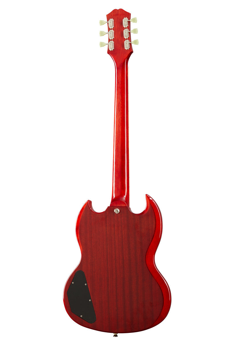 Red electric guitar shown from the back, double-cutaway body, six tuning pegs, and a black plastic electronics cover on the lower left of the body.