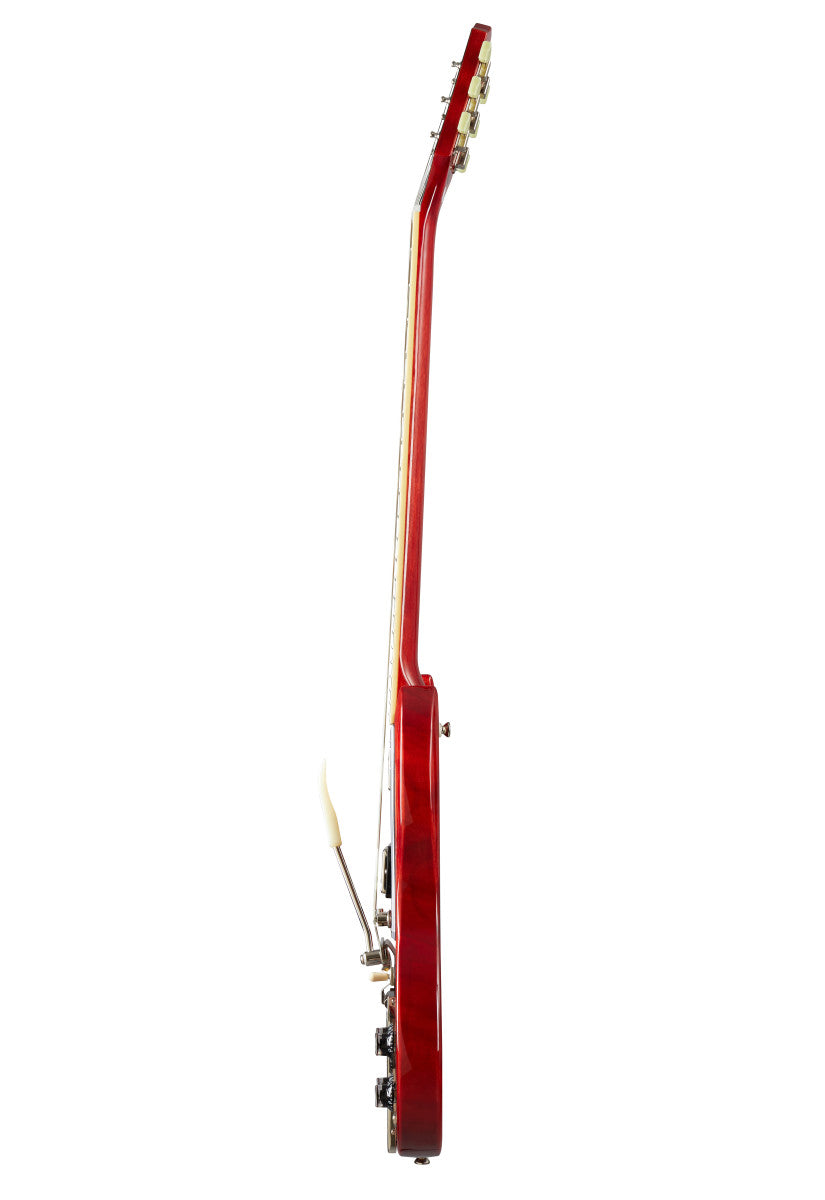 Red electric guitar viewed from the side, showing its thin body, fretboard, tuning pegs, and a white tremolo arm pointing upward.