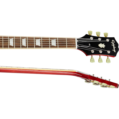 Electric guitar neck and headstock with rectangular fret inlays, six tuning pegs, and a glossy red back with cream-colored edge binding.