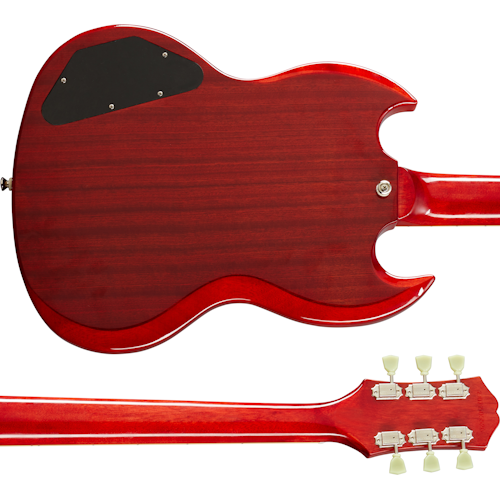 Red electric guitar shown from the back, highlighting a double-cutaway body, rear control plate, and six tuning pegs on the headstock.