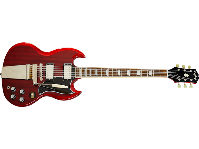 Red electric guitar with a double-cutaway body, two humbucker pickups, four control knobs, a pickguard, and a tremolo tailpiece.