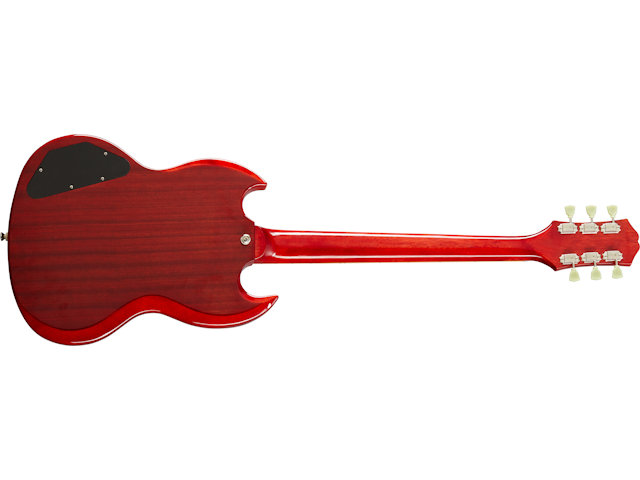 Back view of a red electric guitar with a double-cutaway body, six cream tuning pegs, and a black electronics cover on the upper left.