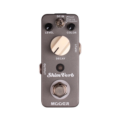 Compact guitar effects pedal with knobs for level, color, and decay, a toggle switch for reverb types, input and output jacks, and a footswitch.