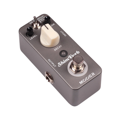 Compact effects pedal labeled ShimVerb by Mooer, with a large white knob, small black knobs, a switch, footswitch, and input-output jacks.