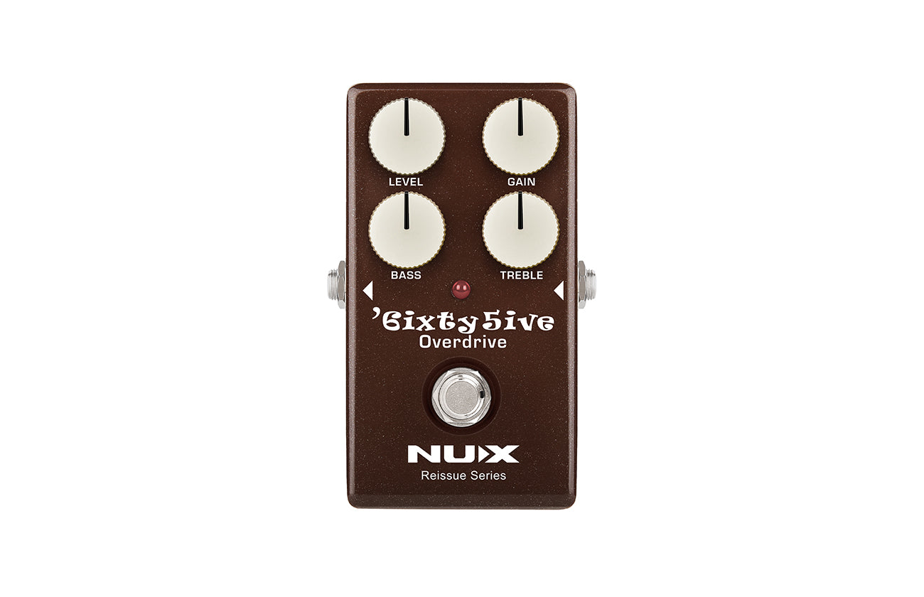 Brown NUX Sixty5ive Overdrive FX pedal with four white knobs labeled Level, Gain, Bass, Treble, and a central footswitch.