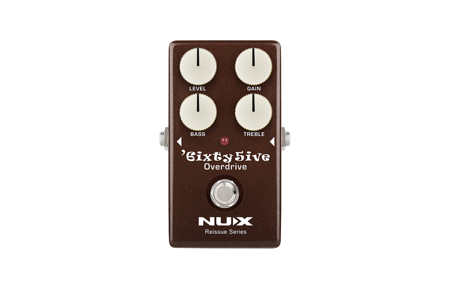 Brown NUX Sixty5ive Overdrive FX pedal with four white knobs labeled Level, Gain, Bass, Treble, and a central footswitch.