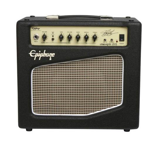 Black Epiphone guitar amplifier with a beige control panel, several knobs, a signed faceplate, and a textured grille in a slanted rectangle shape.