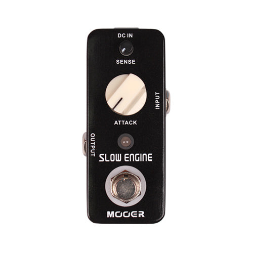 Black Mooer Slow Engine effects pedal with one large white knob labeled Attack, input and output jacks on sides, footswitch at bottom.