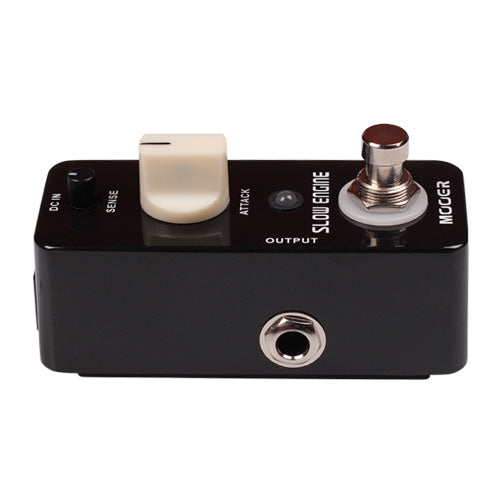 Compact black effects pedal with one large white knob, a small black knob, a footswitch, and an output jack labeled "Slow Engine."
