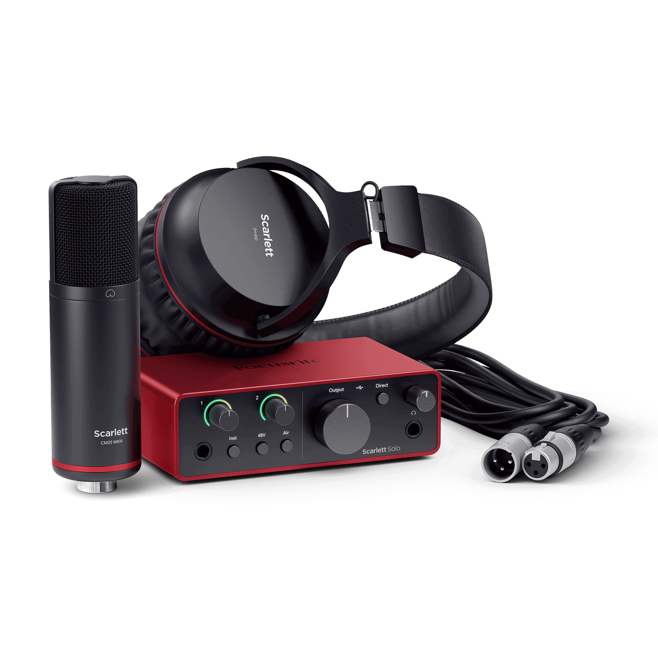 Scarlett recording bundle with a black microphone, over-ear headphones, a red audio interface, and cables with XLR connectors.