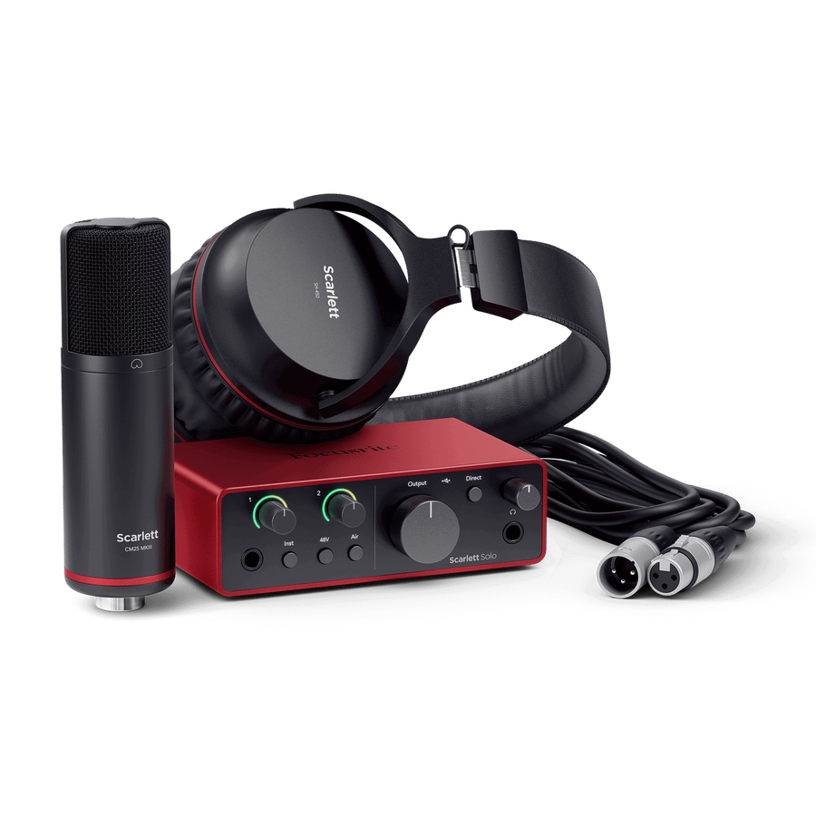 Scarlett recording bundle with a black microphone, over-ear headphones, a red audio interface, and cables with XLR connectors.