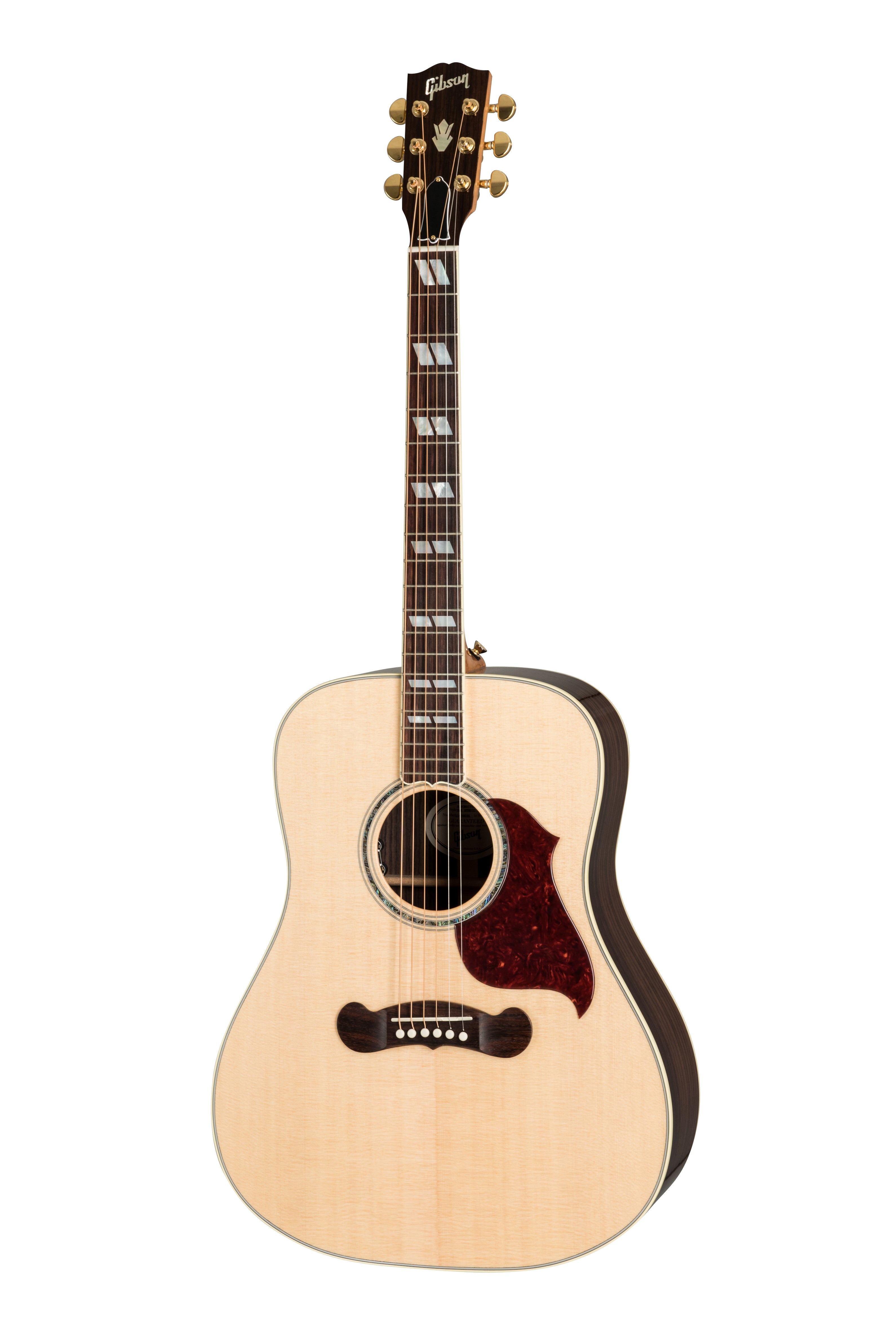 Gibson acoustic guitar with a light wood top, dark sides, ornate pickguard, gold tuning pegs, and diamond-shaped fretboard inlays.