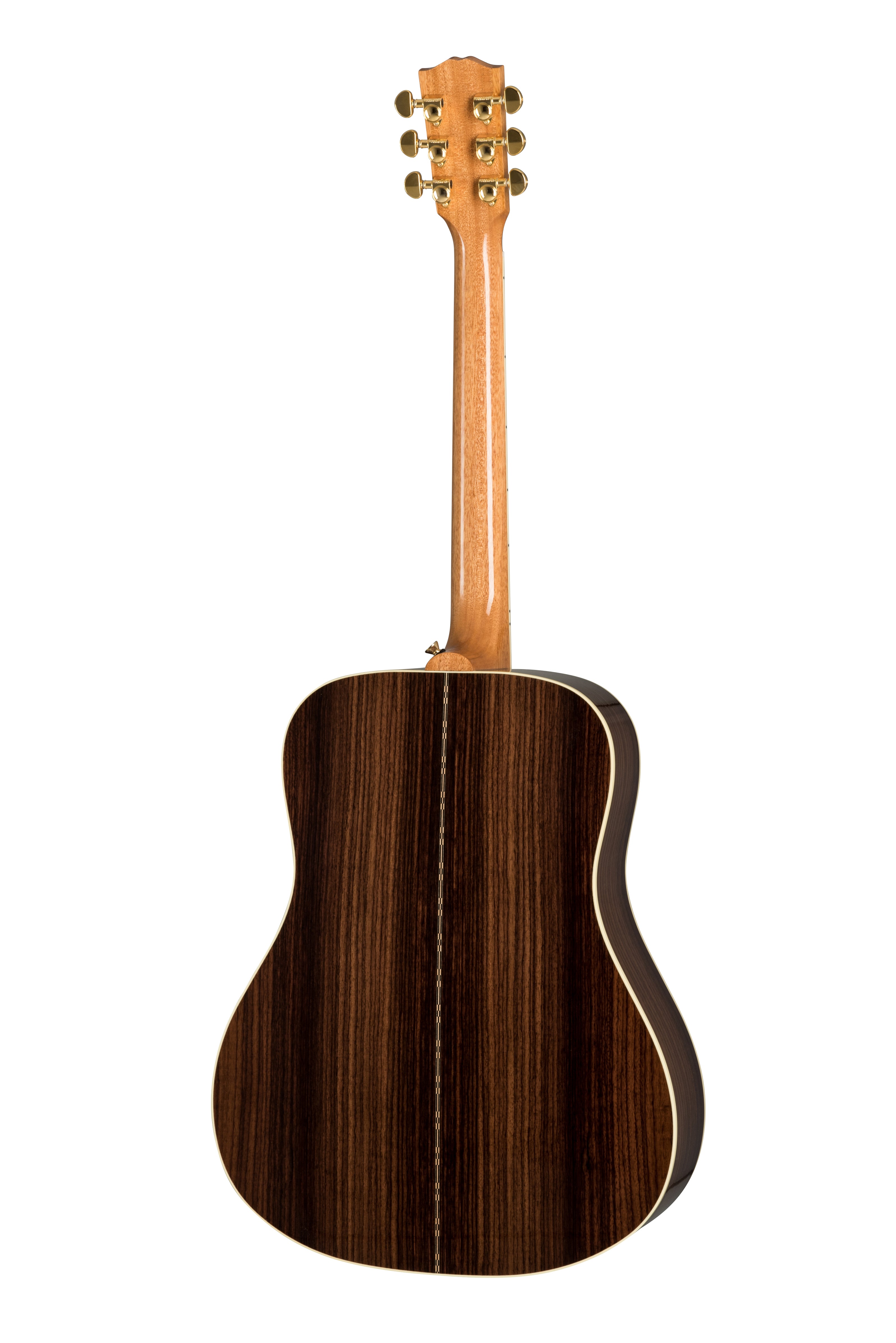 Acoustic guitar viewed from the back, featuring a dark wood body with a central inlay stripe and a lighter wood neck with gold tuning pegs.