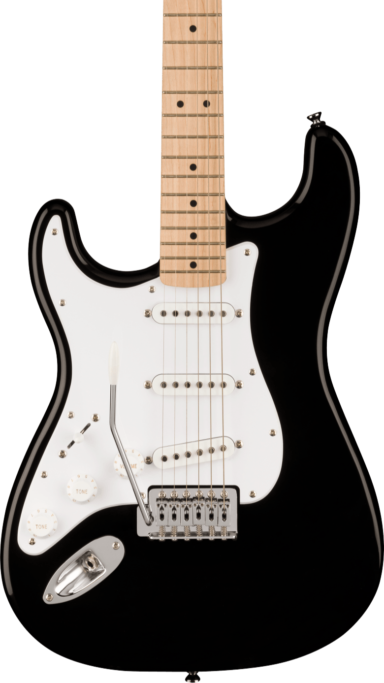 Black electric guitar with a white pickguard, three single-coil pickups, five-way switch, two tone knobs, one volume knob, and a maple neck.