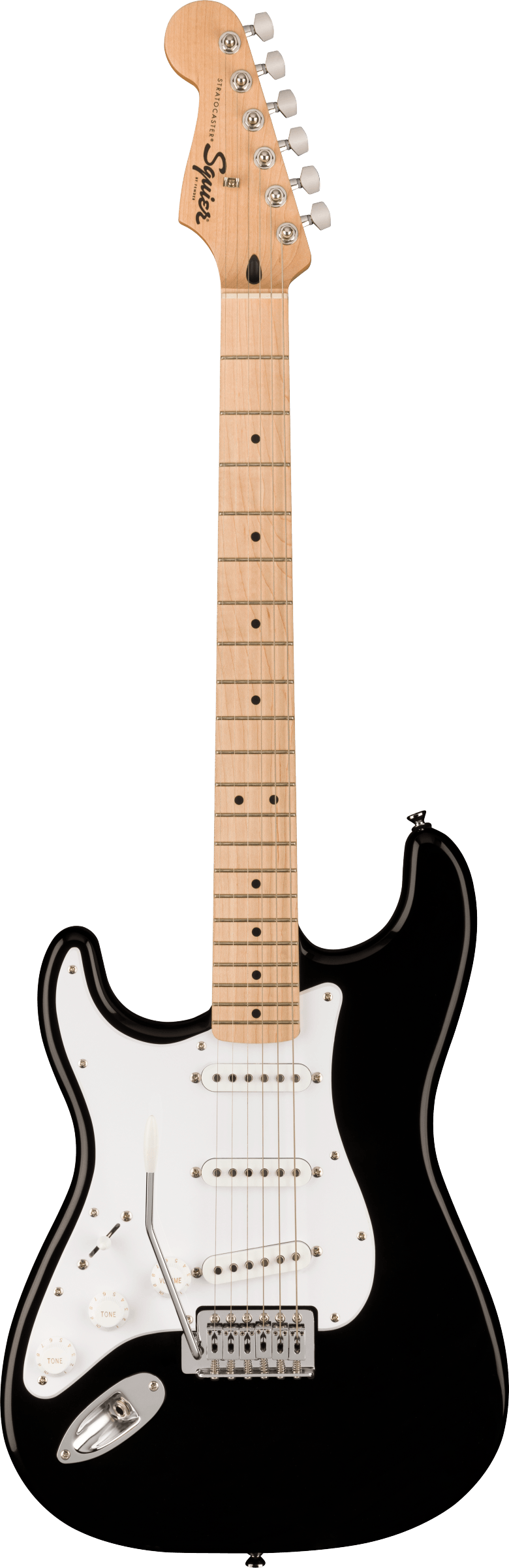 Black Squier Stratocaster electric guitar with a white pickguard, three single-coil pickups, maple neck, and six tuning pegs.