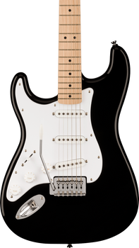 Black electric guitar with a white pickguard, three single-coil pickups, five-way switch, two tone knobs, one volume knob, and a maple neck.