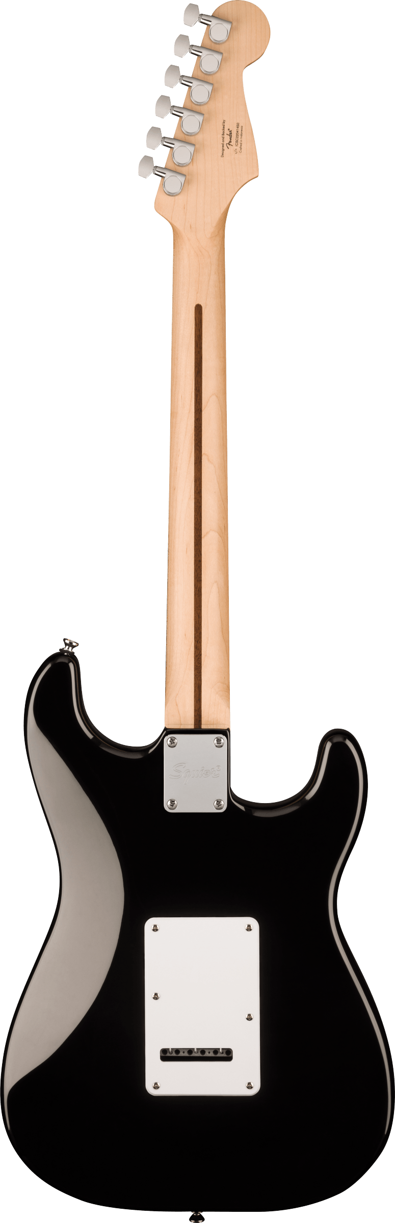 Black electric guitar viewed from the back, with a light wood neck and a white rectangular backplate in the center of the body.