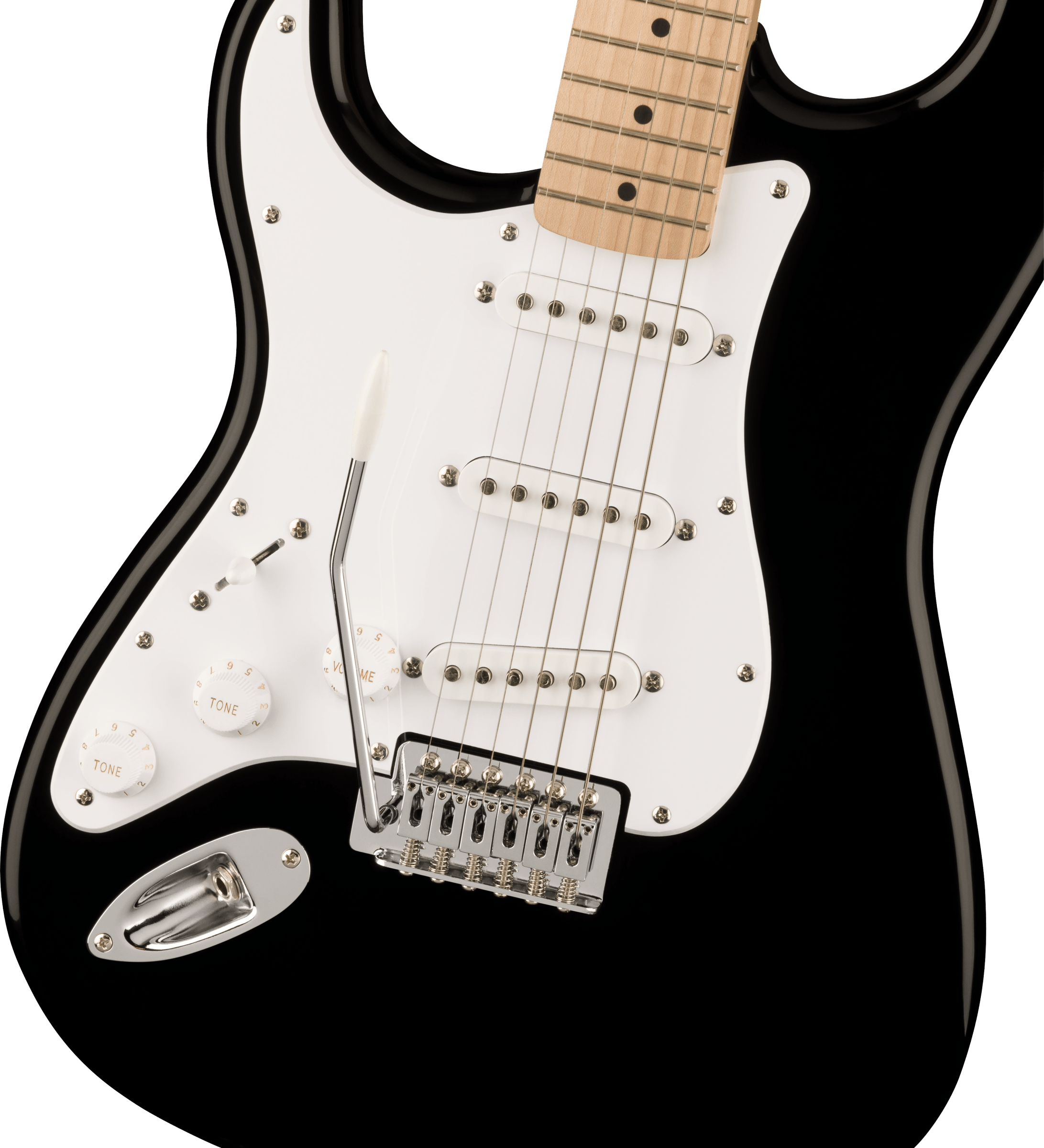 Black electric guitar with a white pickguard, three single-coil pickups, control knobs, and a whammy bar on the body.