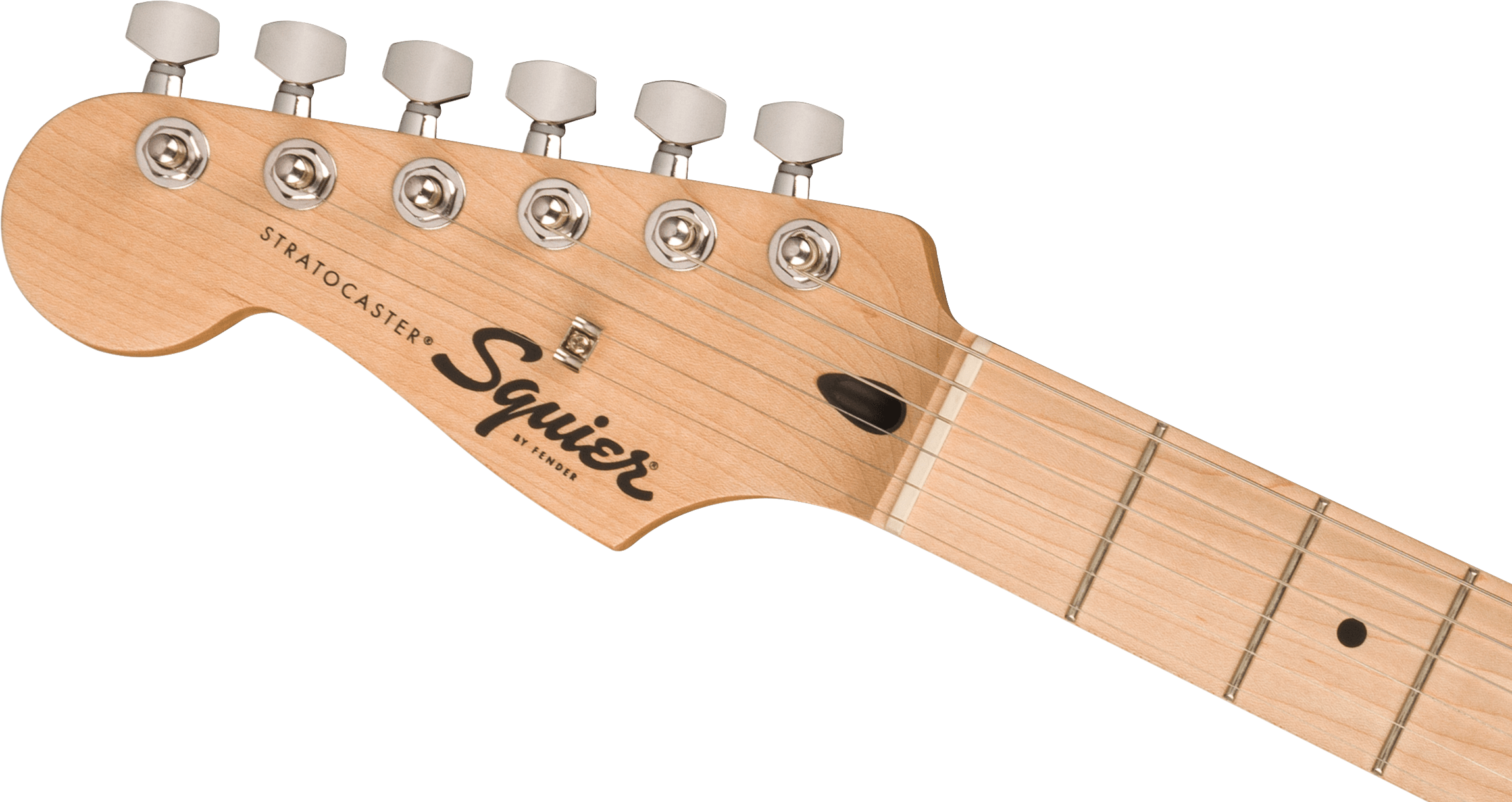Light wood Squier Stratocaster electric guitar headstock with six metal tuning pegs, logo, and part of maple fretboard with dot inlays.