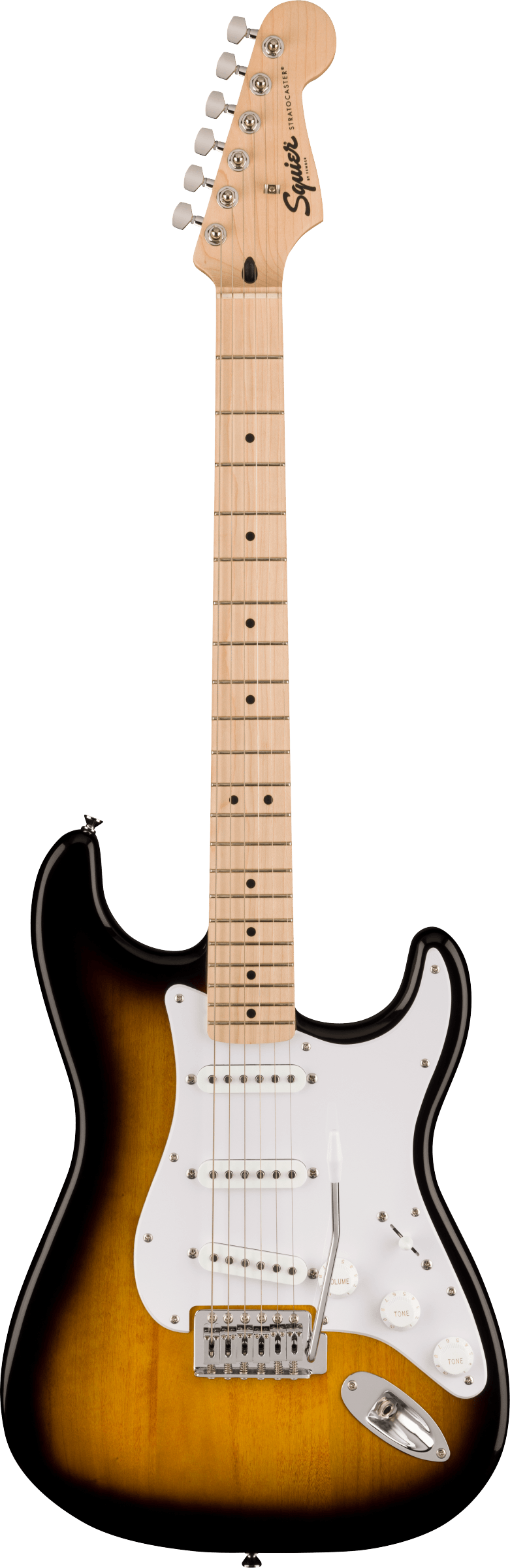 Squier Stratocaster electric guitar with a sunburst body, white pickguard, three single-coil pickups, maple neck, and chrome hardware.