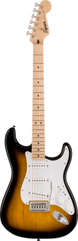 Squier Stratocaster electric guitar with a sunburst body, white pickguard, three single-coil pickups, maple neck, and chrome hardware.