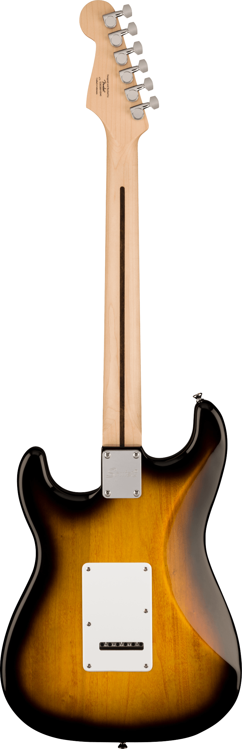 Sunburst-finished electric guitar seen from the back, showing a light wood neck with six tuning pegs and a white rectangular plate on the body.
