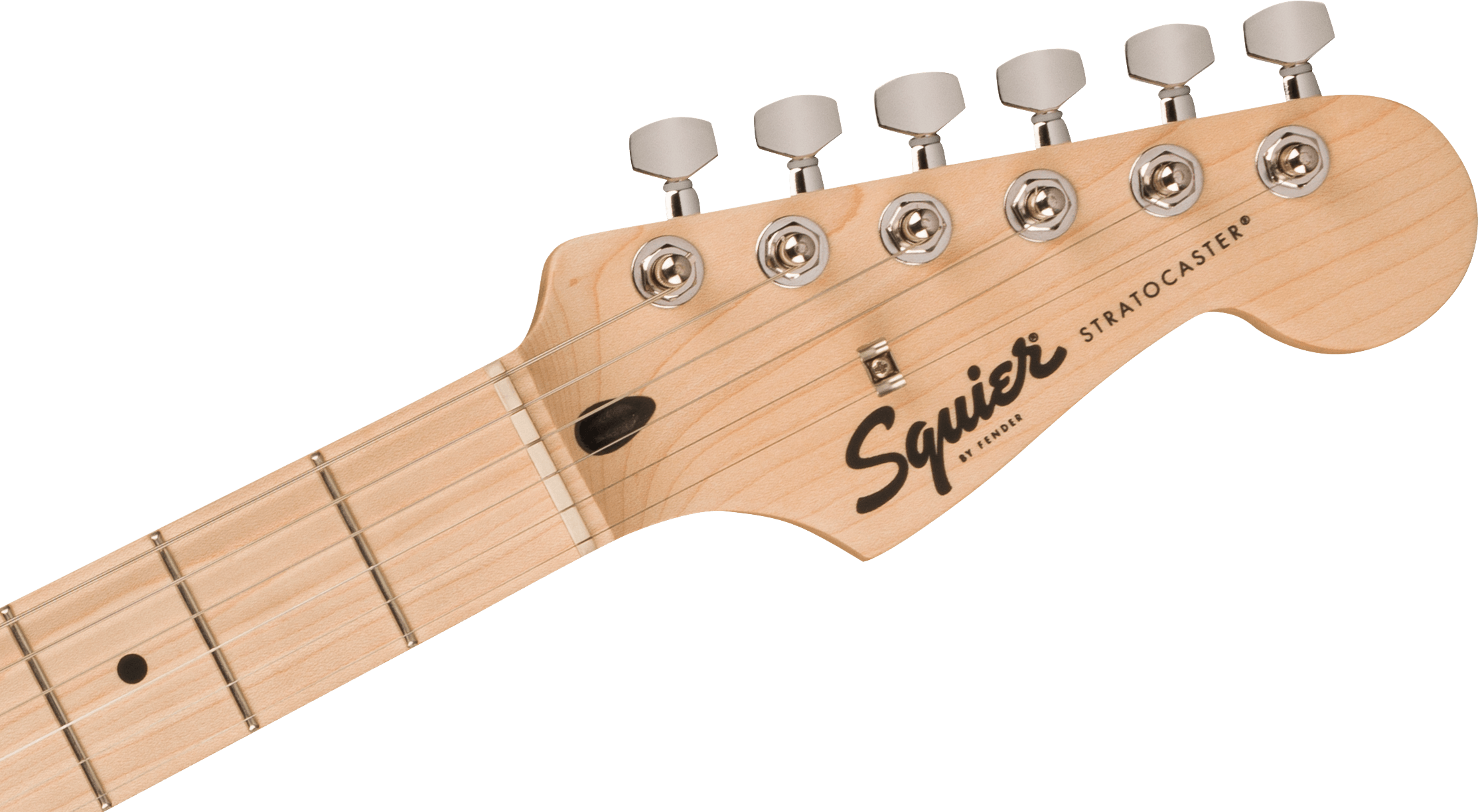 Light wood Squier Stratocaster electric guitar headstock with six chrome tuning pegs and logo; partial maple fretboard with dot inlay.