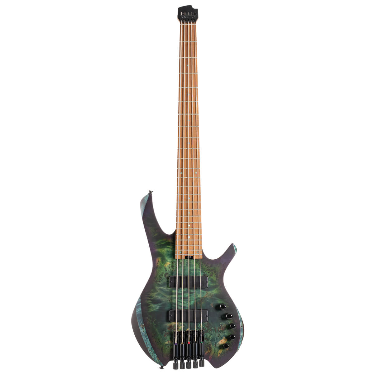 Six-string electric bass guitar with a natural wood neck and an angular, modern green-and-black marbled body featuring multiple control knobs.