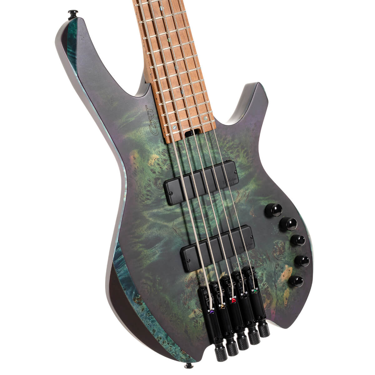 Five-string electric bass guitar with a natural wood neck, green and black marbled body, two rectangular pickups, and five black control knobs.