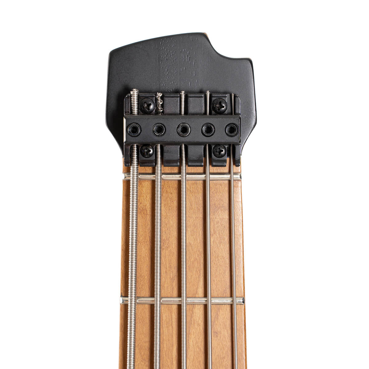 Close-up of a headless bass guitar’s neck showing six metal strings, wooden fretboard, and a black tuning system at the top.