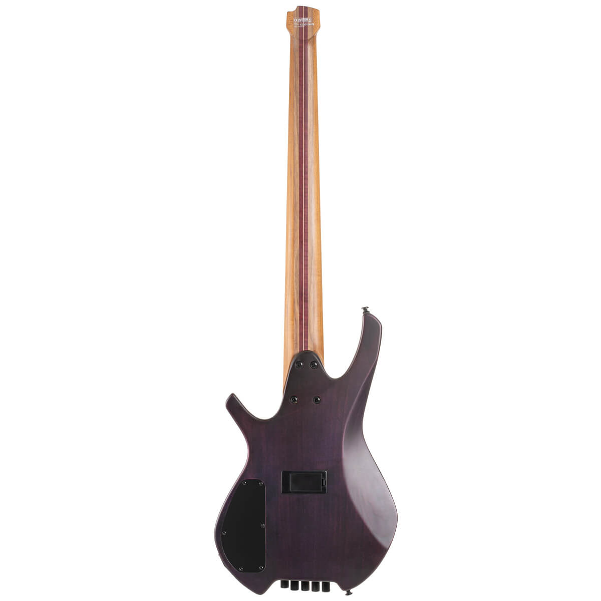 Purple-bodied bass guitar shown from the back, featuring a natural wood neck and two black access panels on the body.