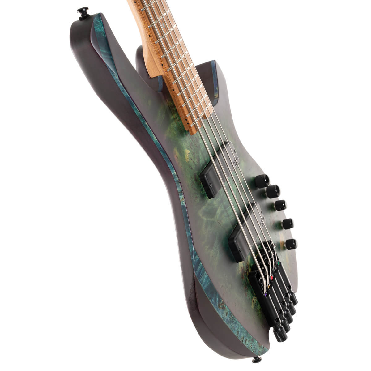 Six-string bass guitar with a green and black marbled finish, black hardware, multiple control knobs, and a modern angled body shape.