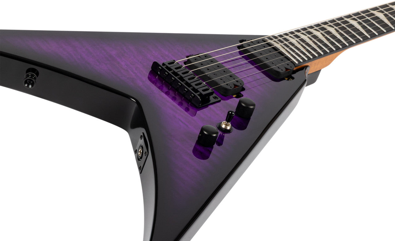 V-shaped electric guitar with a glossy black and purple body, two humbucker pickups, two control knobs, and a three-way switch.