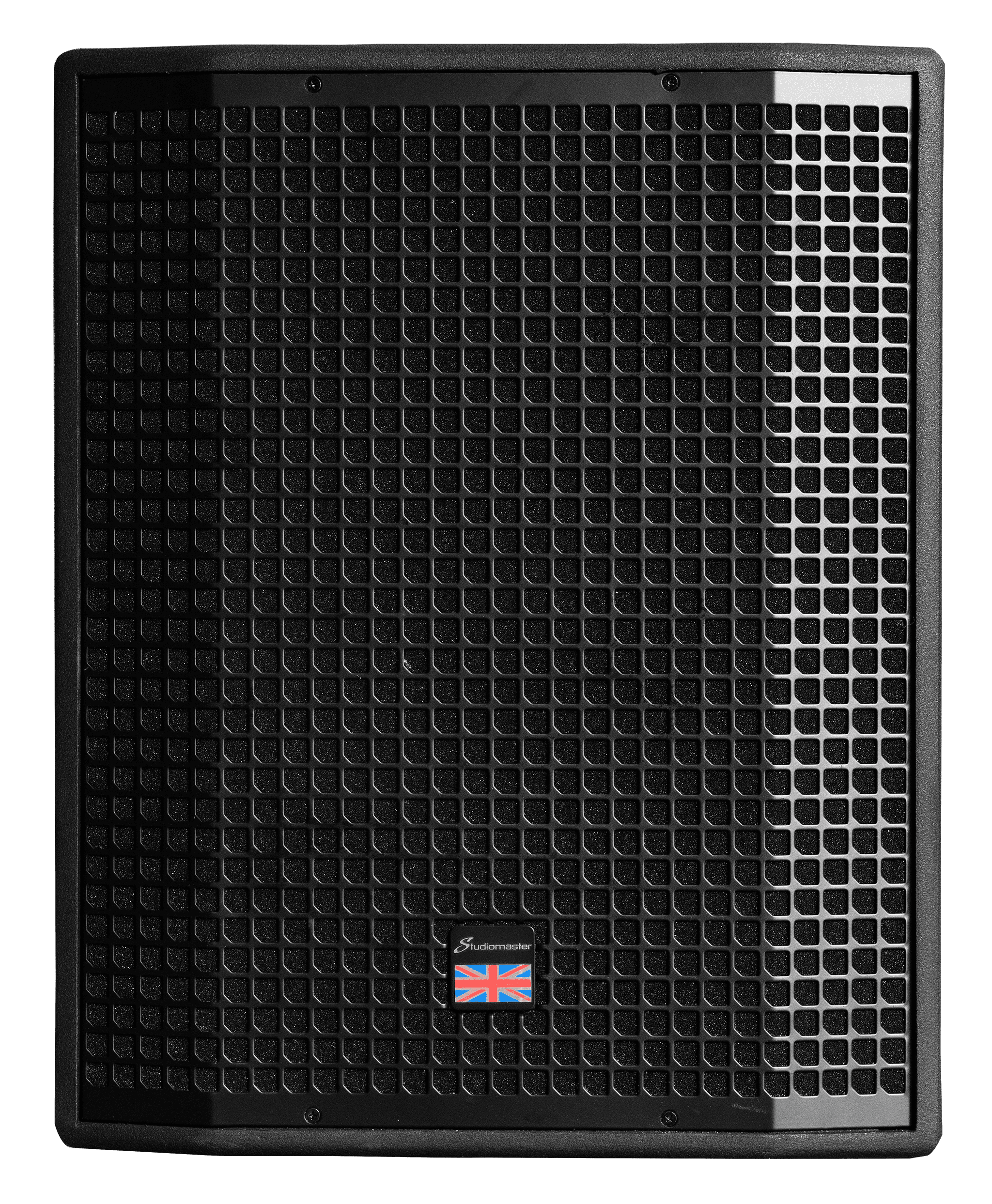 Large black speaker with a grid-patterned grill and a small badge at the bottom center featuring a British flag and the Studiomaster logo.