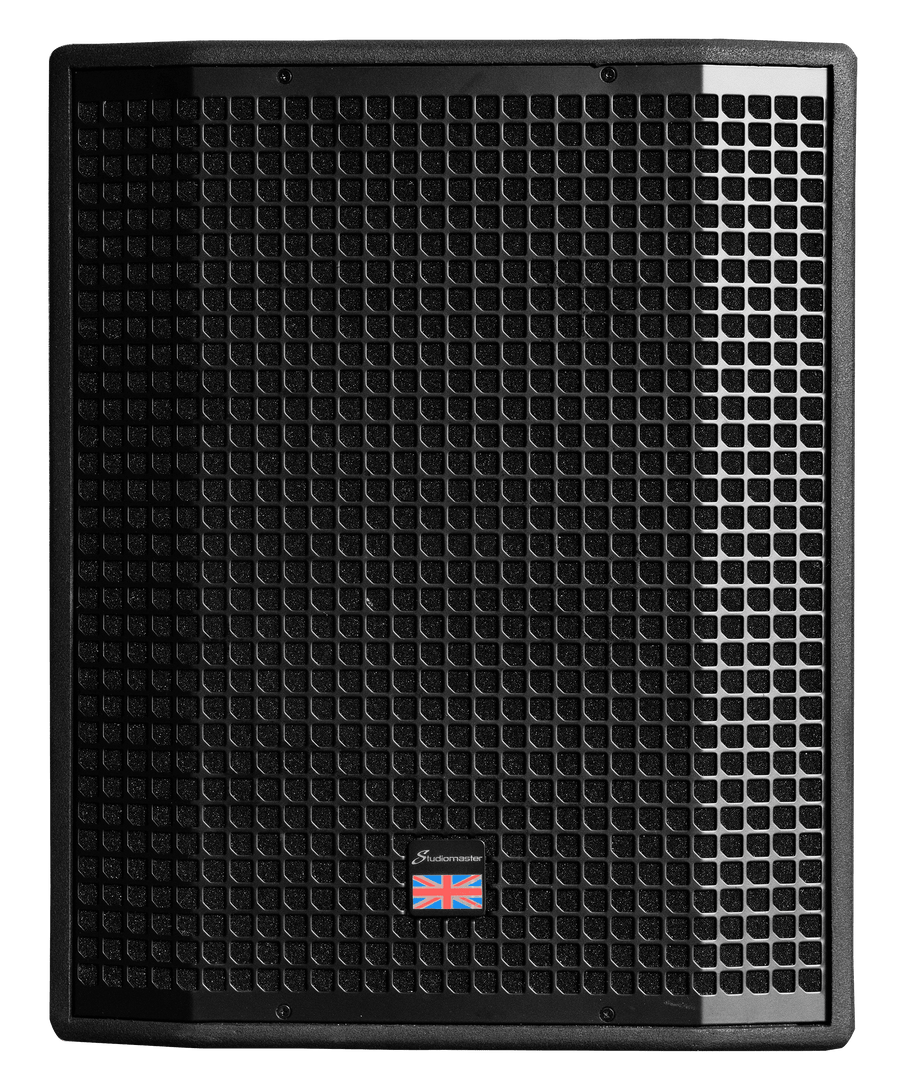 Large black speaker with a grid-patterned grill and a small badge at the bottom center featuring a British flag and the Studiomaster logo.