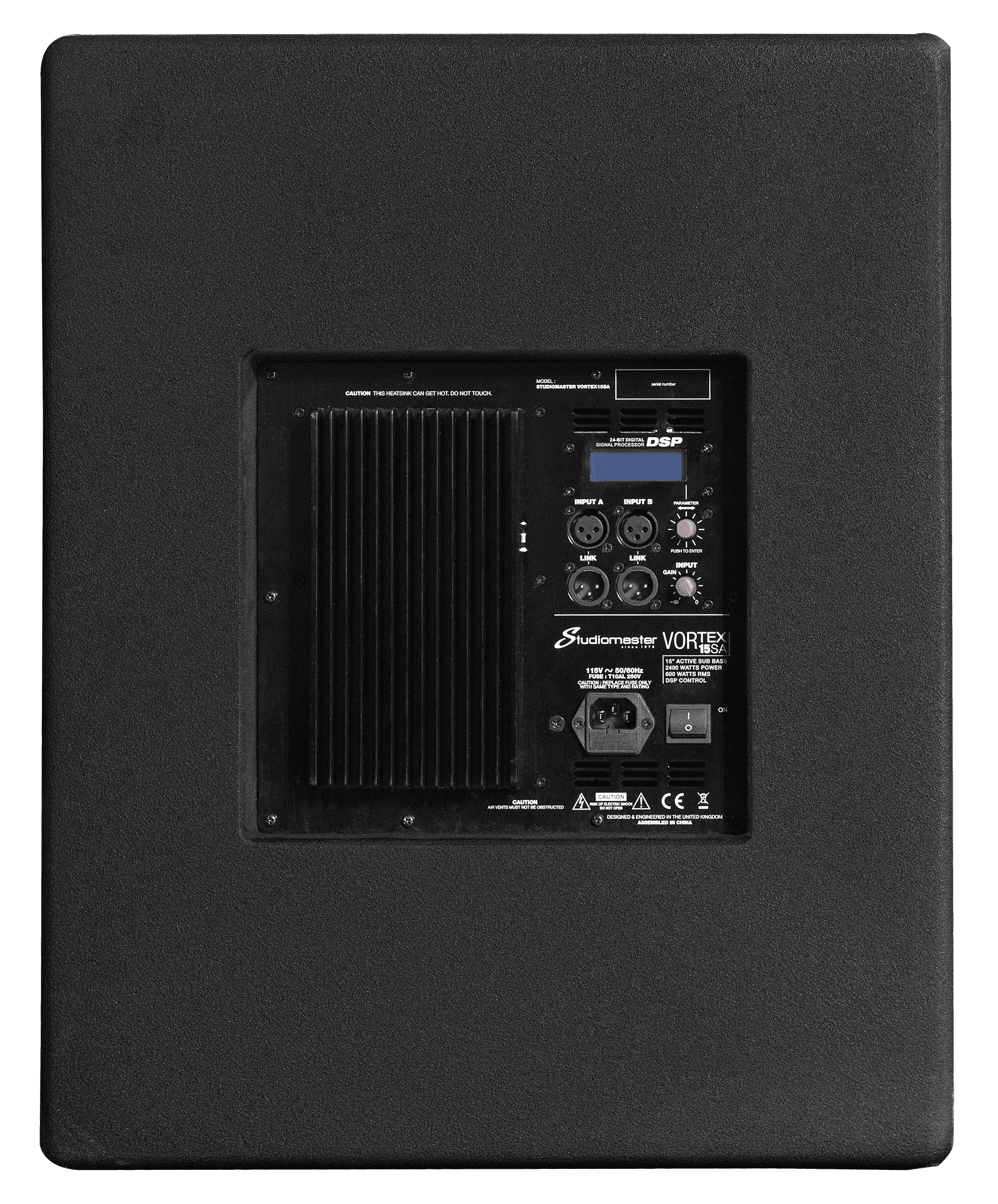 Black speaker rear panel with cooling fins, XLR inputs, output links, power switch, and Studiomaster Vortex 18SA branding in the lower right.