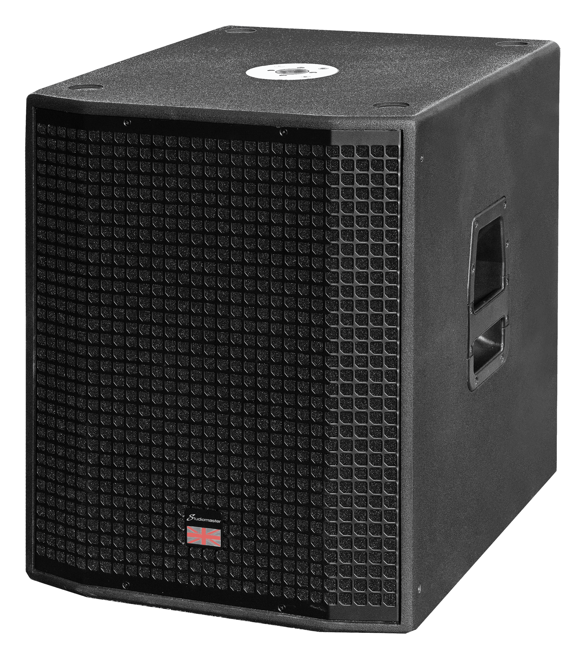 Large black speaker cabinet with a grid-patterned front grille, two side handles, and a small British flag logo at the bottom front.