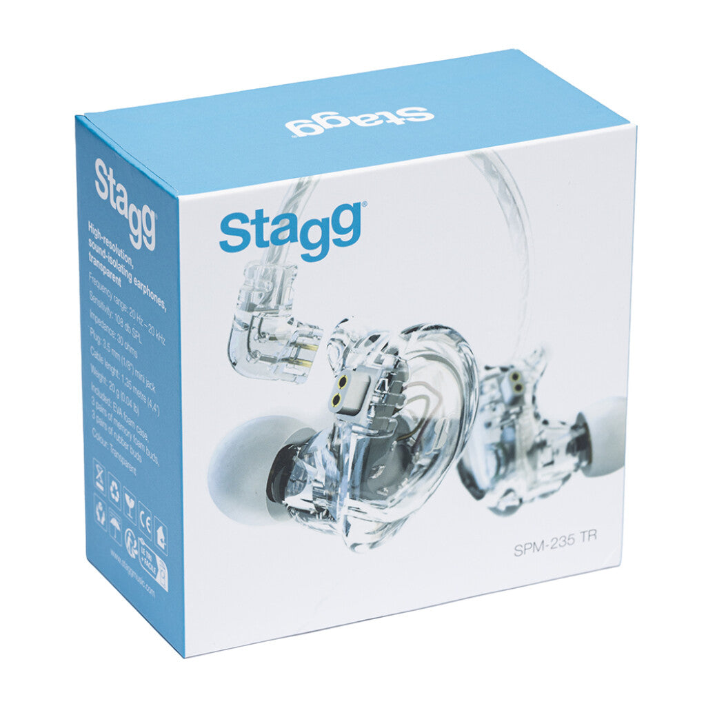 Stagg high-resolution sound-isolating earphones in transparent design shown on a blue and white retail box, model SPM-235 TR.