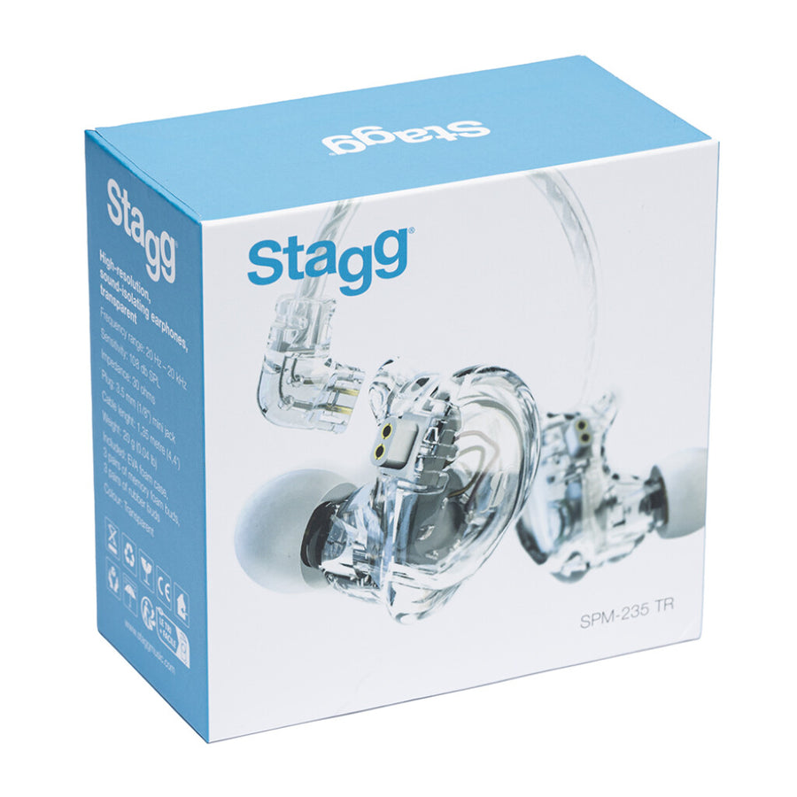 Stagg high-resolution sound-isolating earphones in transparent design shown on a blue and white retail box, model SPM-235 TR.
