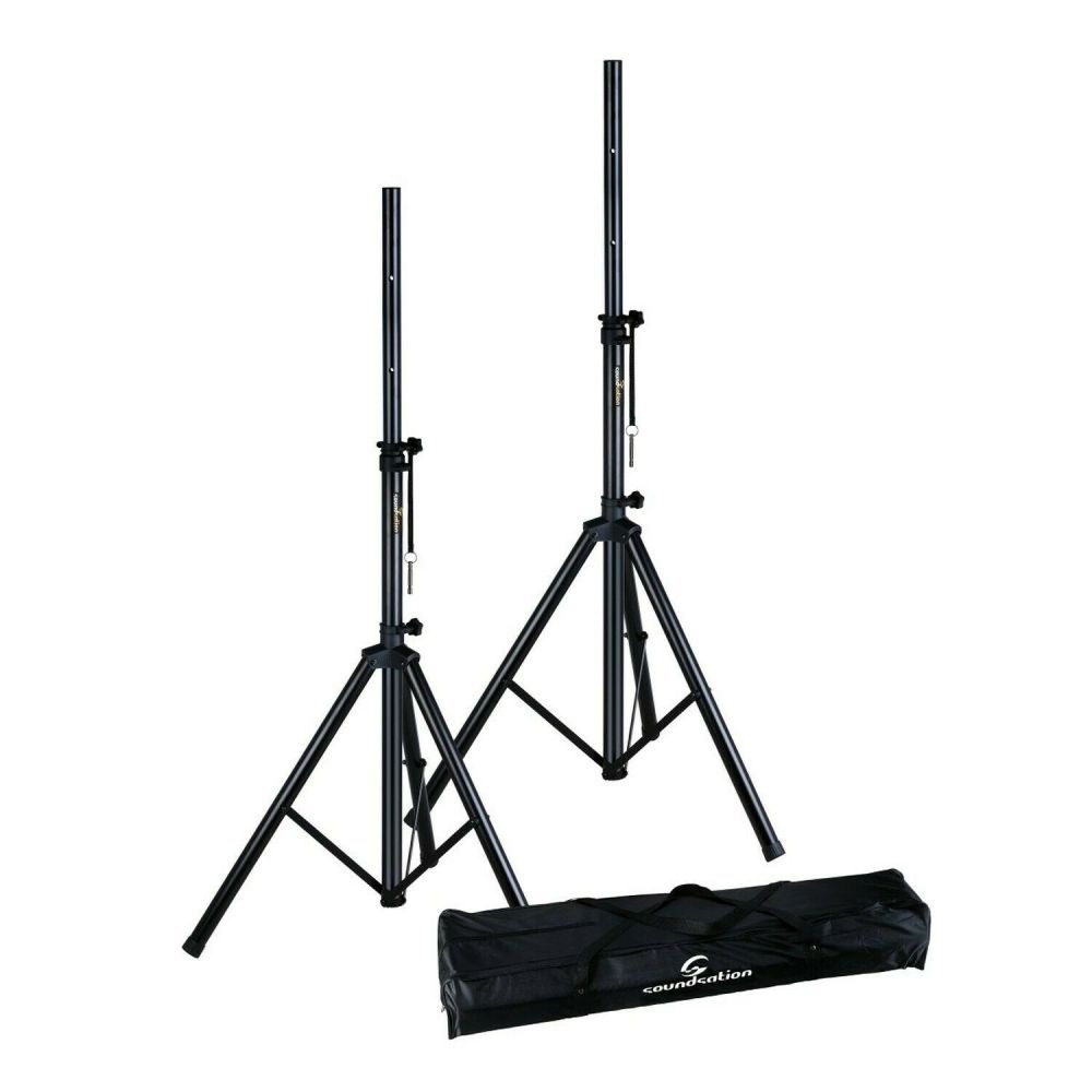 Two adjustable black speaker stands with tripod bases, shown with a long black carrying bag placed in front of them.