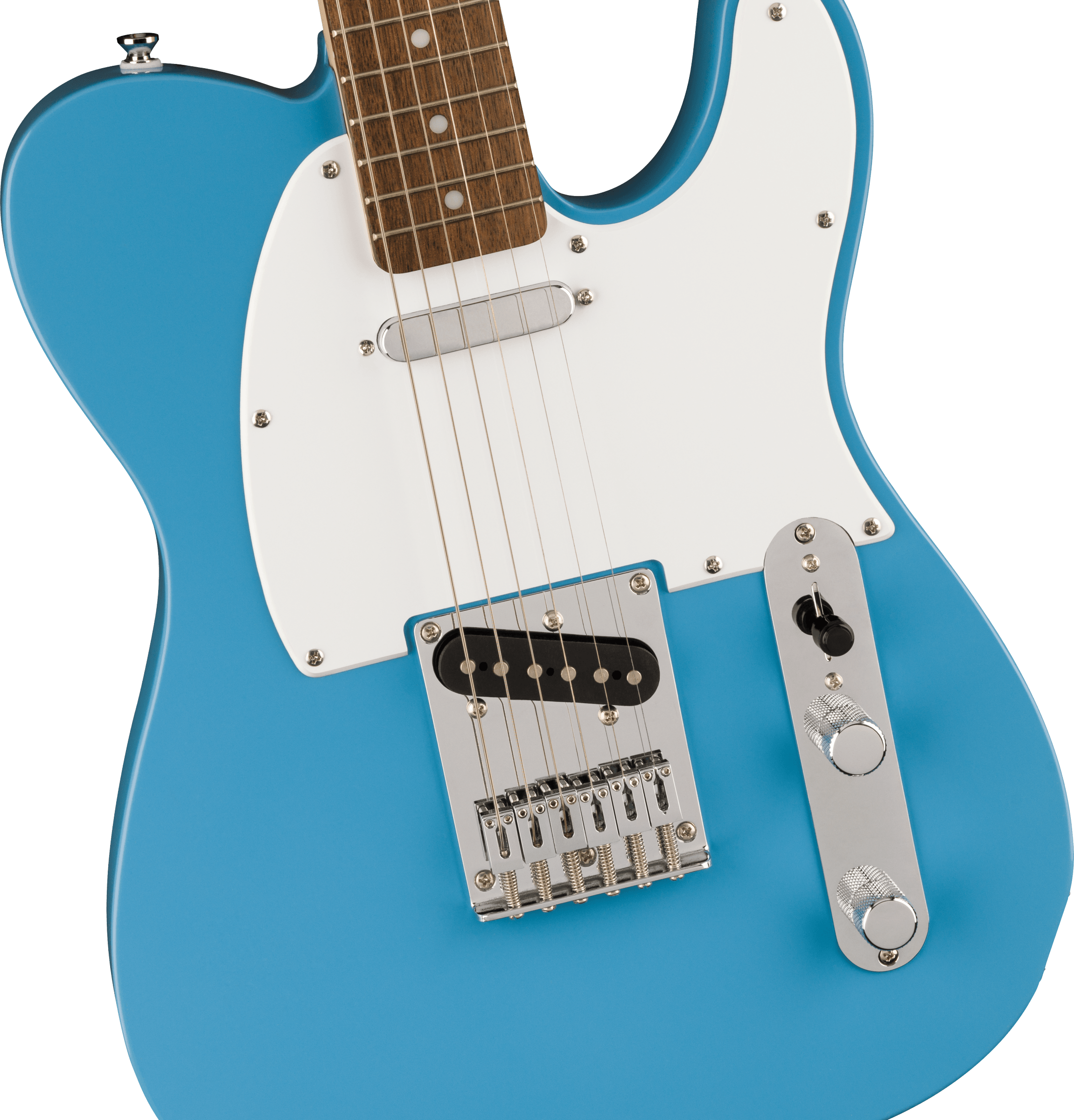 Bright blue electric guitar with a white pickguard, two pickups, a chrome bridge, and two control knobs on a chrome plate.