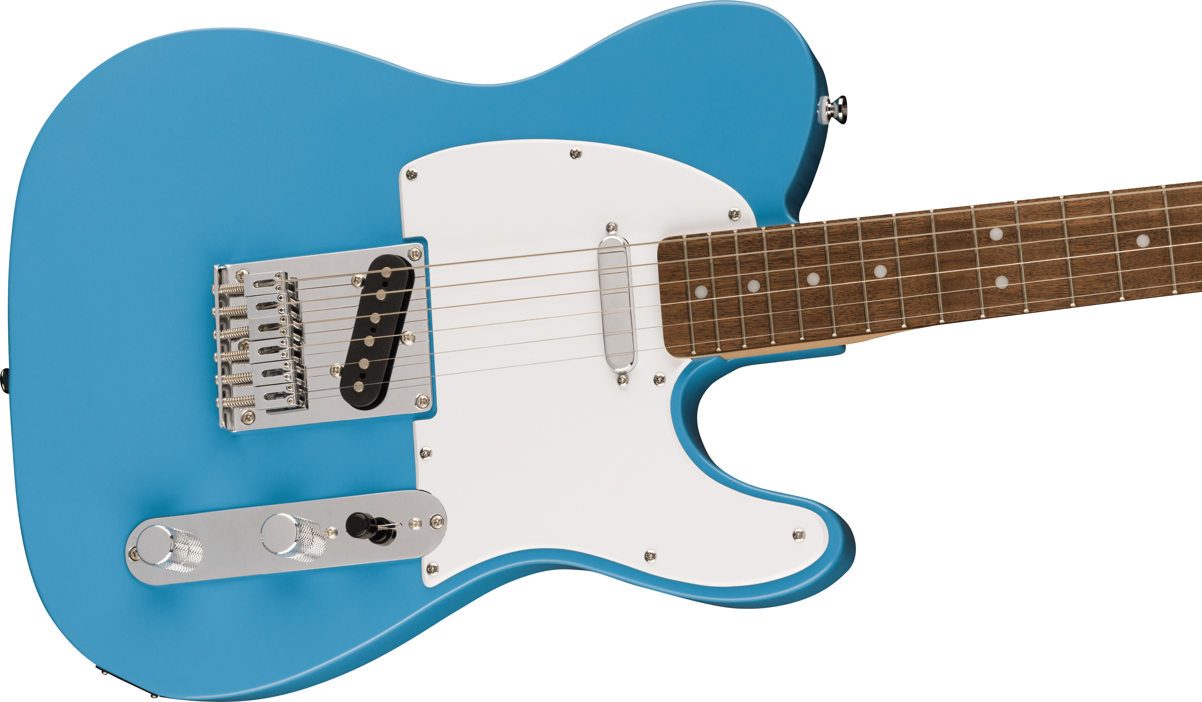Solid-body electric guitar with a bright blue finish, white pickguard, two knobs, a switch, and a rosewood fingerboard with dot inlays.