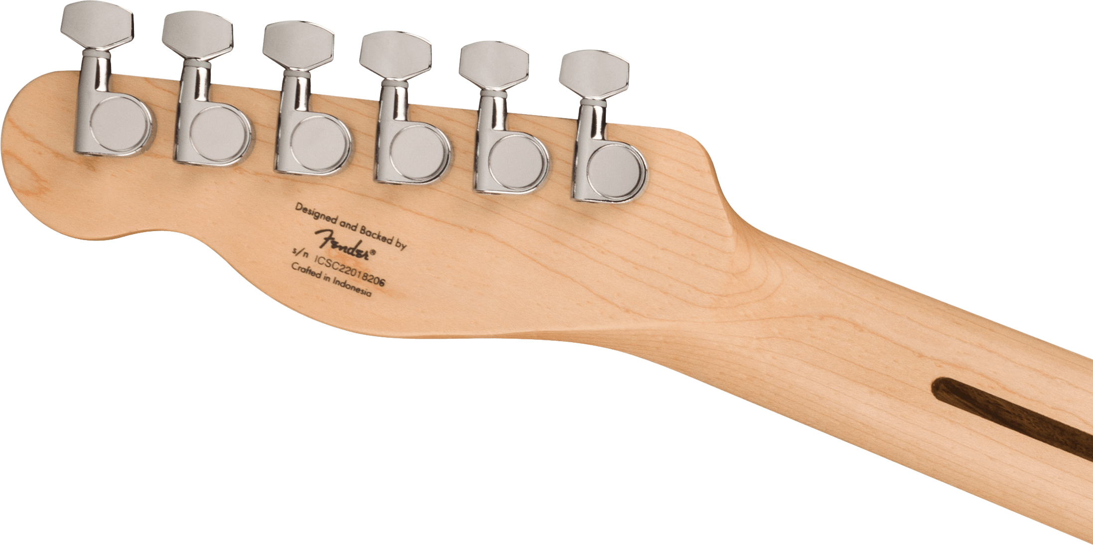 Back of a Fender electric guitar headstock in light wood, showing six chrome tuning machines and "Crafted in Indonesia" text stamped near the base.